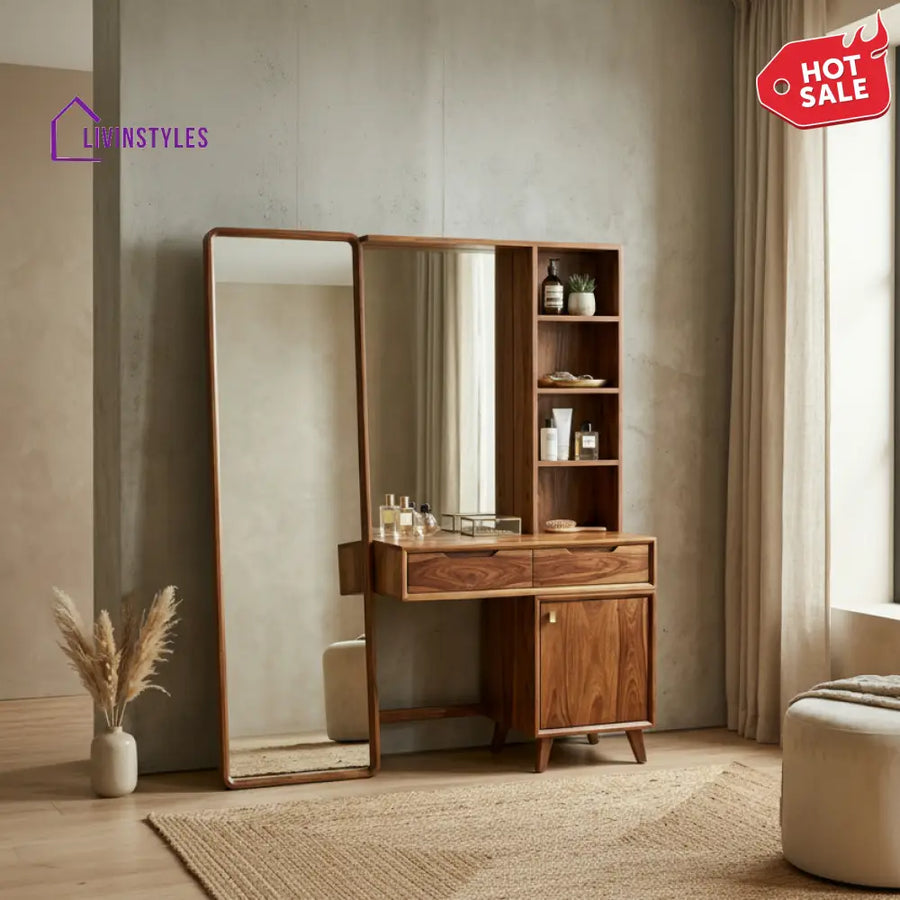 Charlotte Sheesham Wood Dressing Table with Mirror and Storage (Honey Finish)
