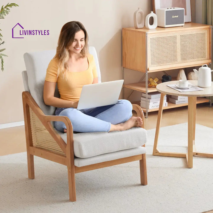 Charvi Solid Wood and Fabric Arm Chair | Living Room Chair | Lounge Chair