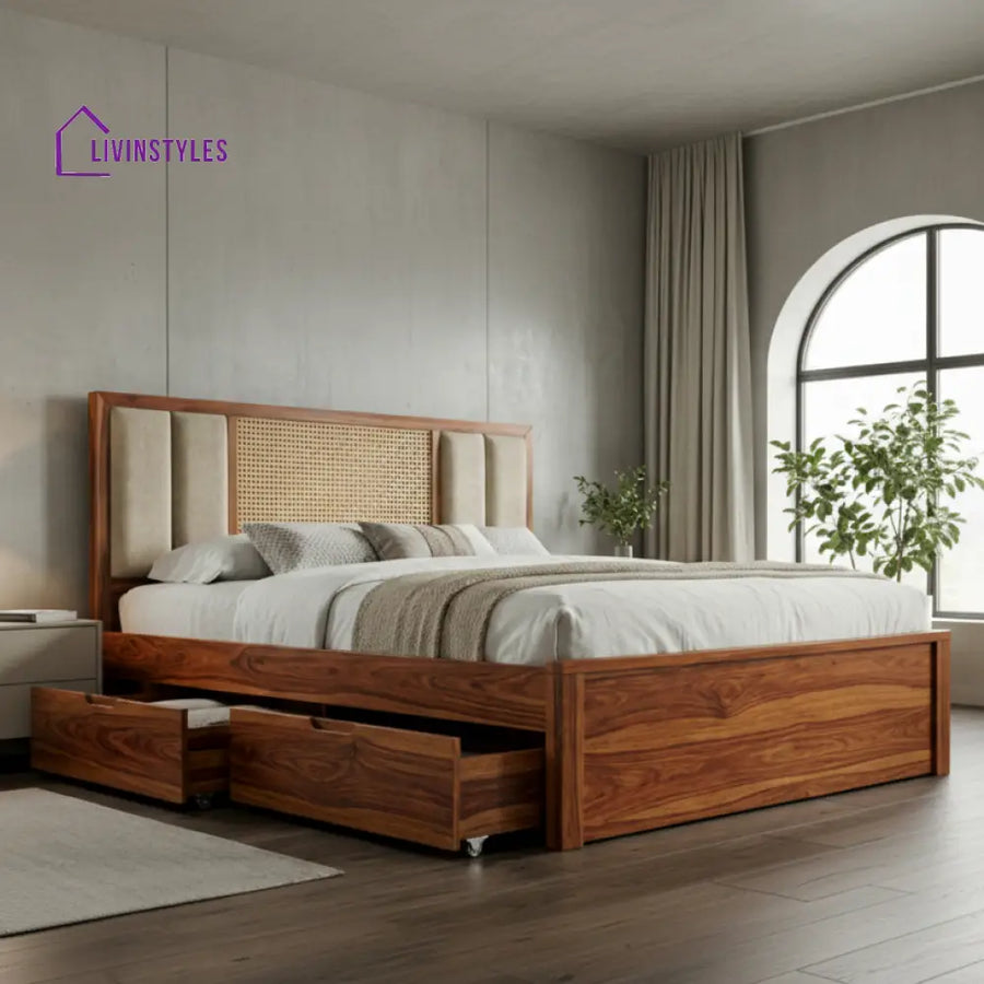Chase Premium Sheesham Wood Bed with Cane and Fabric Headboard