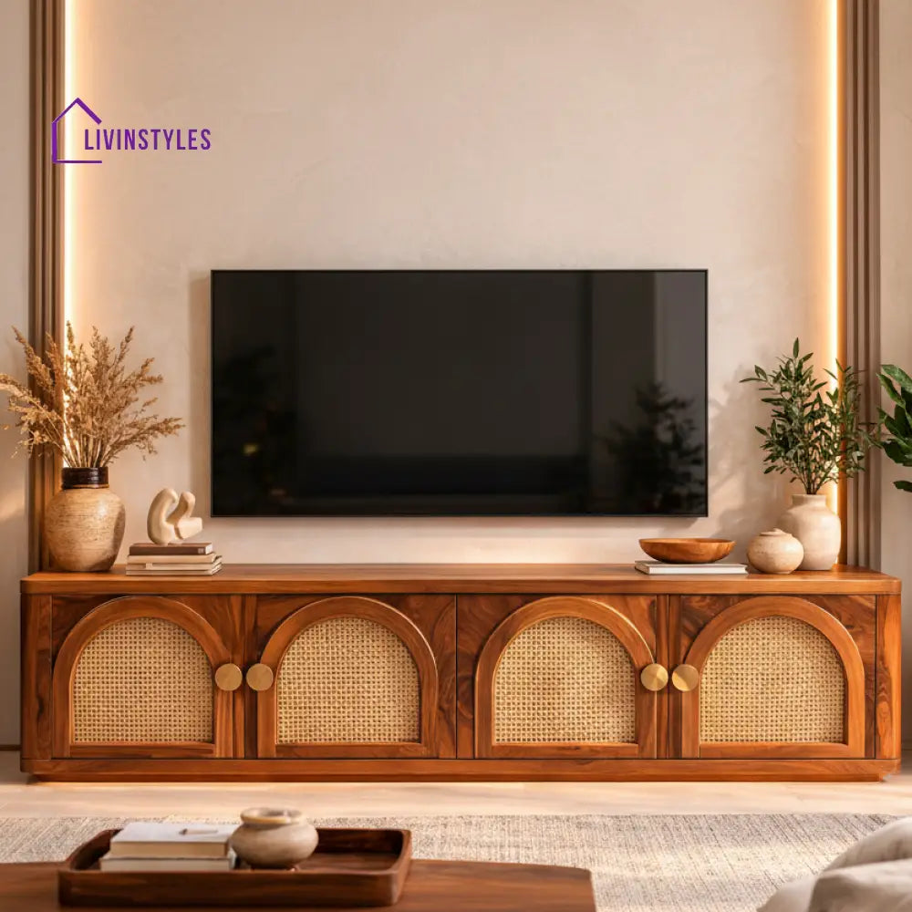 Chau Premium Solid Wood TV Unit with Cane Panel Cabinet