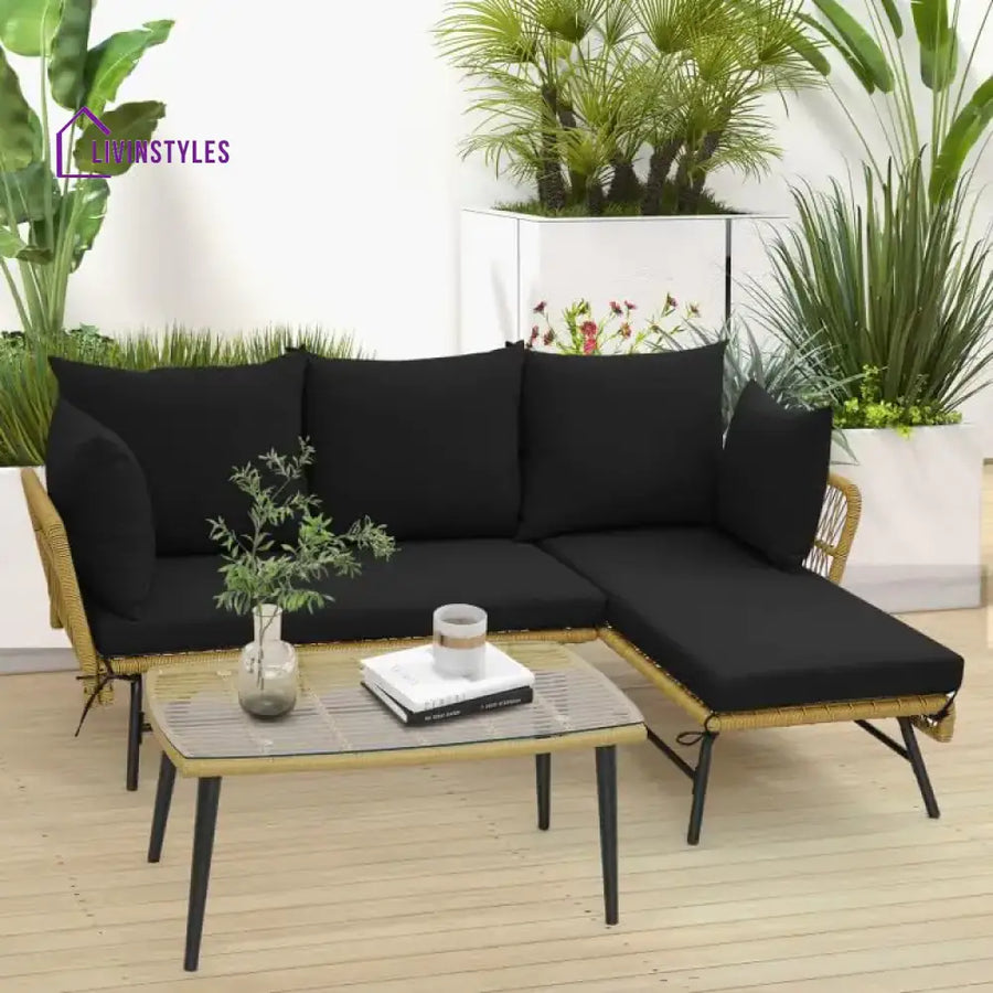Chetan Patio Furniture Set L-Shaped Rope Woven Outdoor Sectional (Beige And Black)