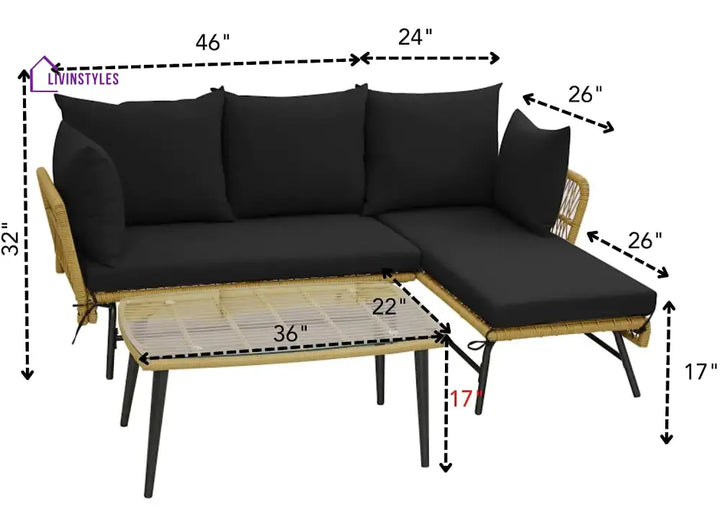Chetan Patio Furniture Set L-Shaped Rope Woven Outdoor Sectional (Beige And Black)