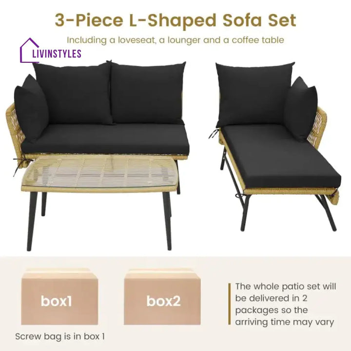 Chetan Patio Furniture Set L-Shaped Rope Woven Outdoor Sectional (Beige And Black)