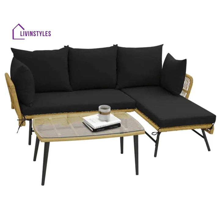 Chetan Patio Furniture Set L-Shaped Rope Woven Outdoor Sectional (Beige And Black)