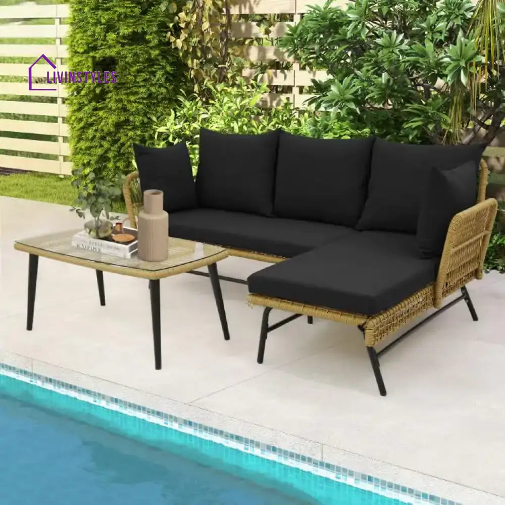Chetan Patio Furniture Set L-Shaped Rope Woven Outdoor Sectional (Beige And Black)