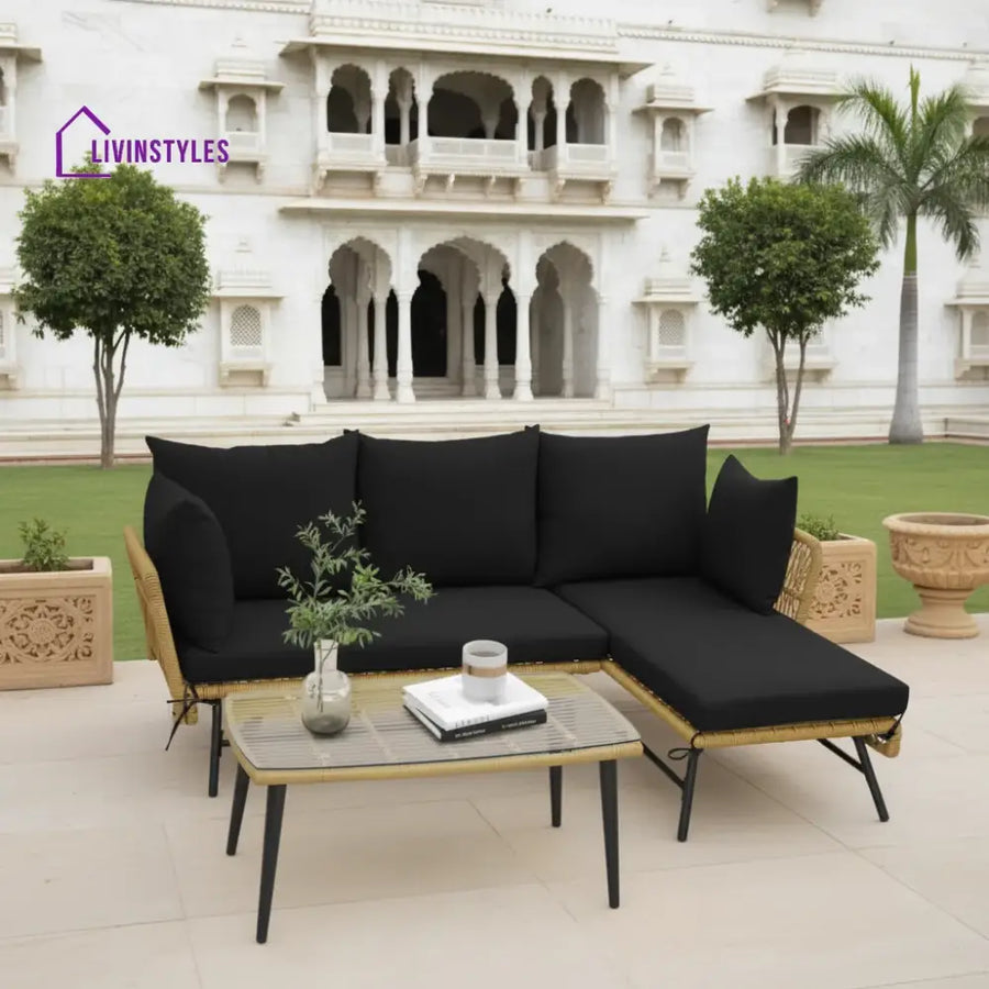 Chetan Patio Furniture Set L-Shaped Rope Woven Outdoor Sectional (Beige And Black)