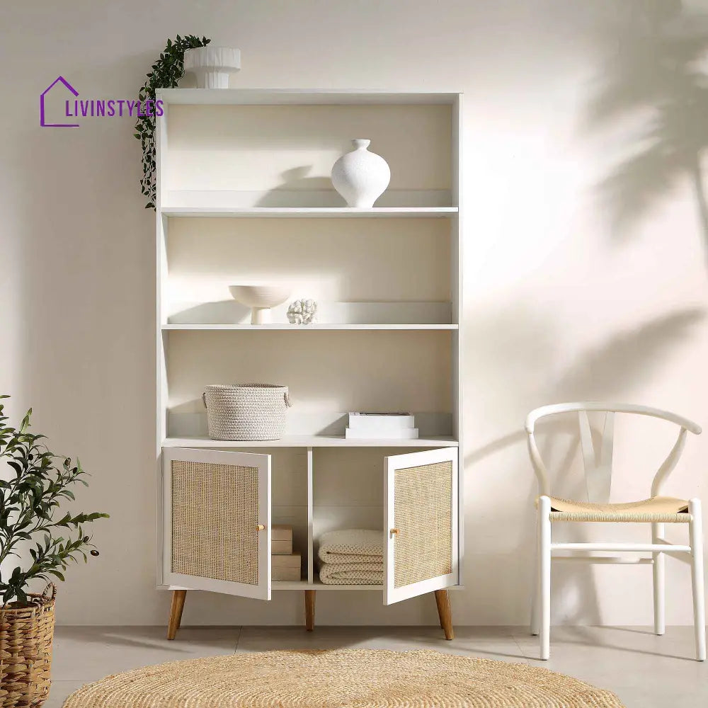 Frances Woven Rattan Bookcase with Doors White Bookcases & Shelves