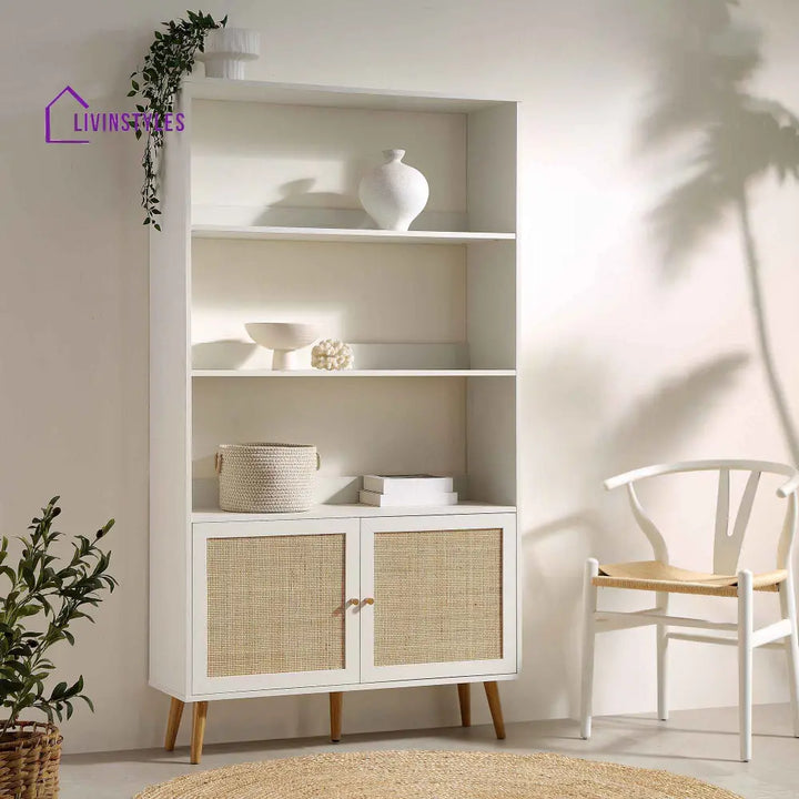 Frances Woven Rattan Bookcase with Doors White Bookcases & Shelves
