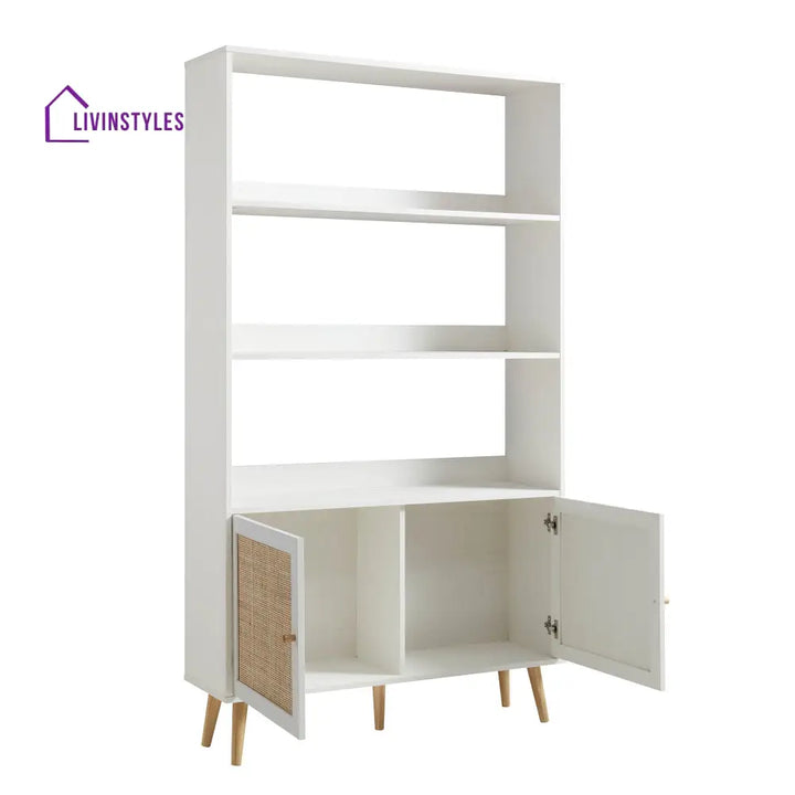 Frances Woven Rattan Bookcase with Doors White Bookcases & Shelves