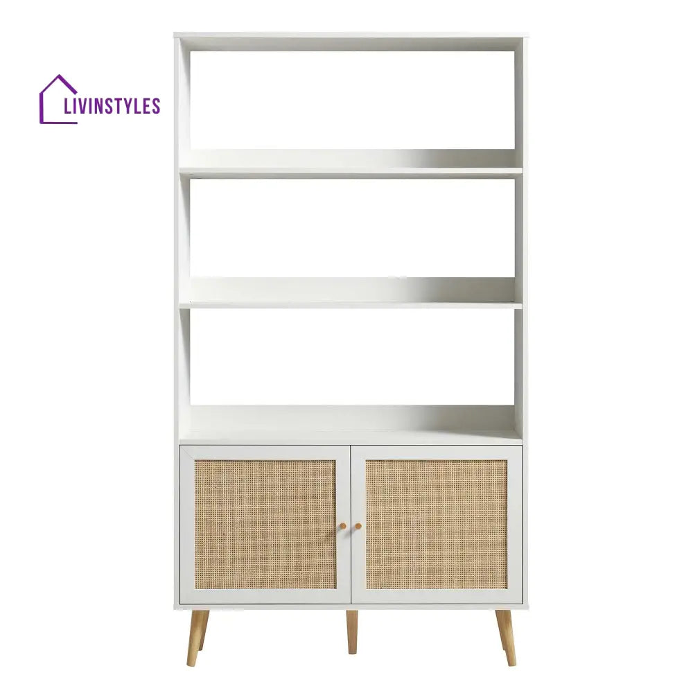 Frances Woven Rattan Bookcase with Doors White Bookcases & Shelves