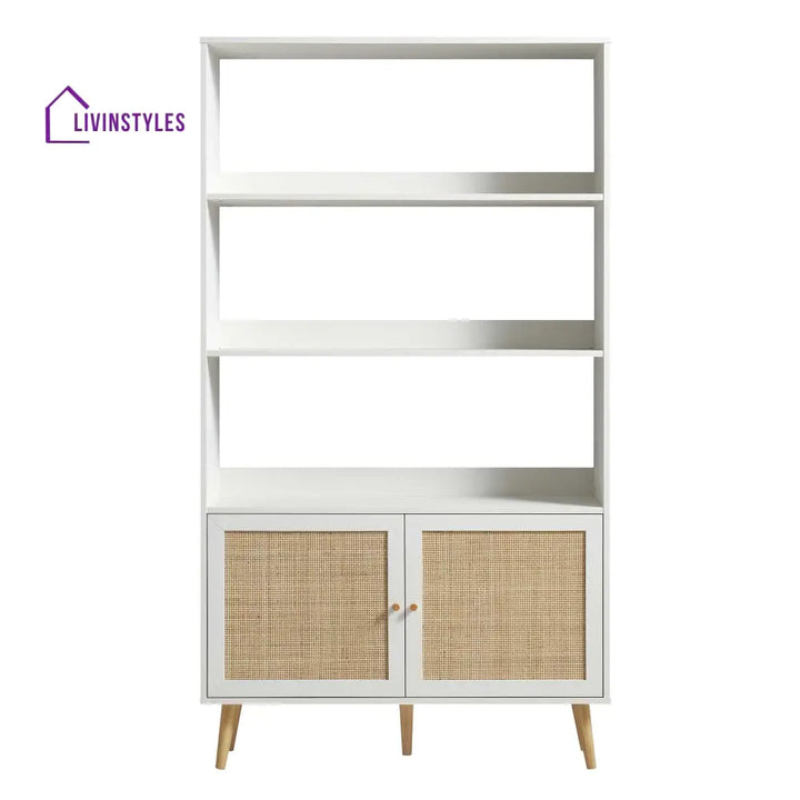 Frances Woven Rattan Bookcase with Doors White Bookcases & Shelves