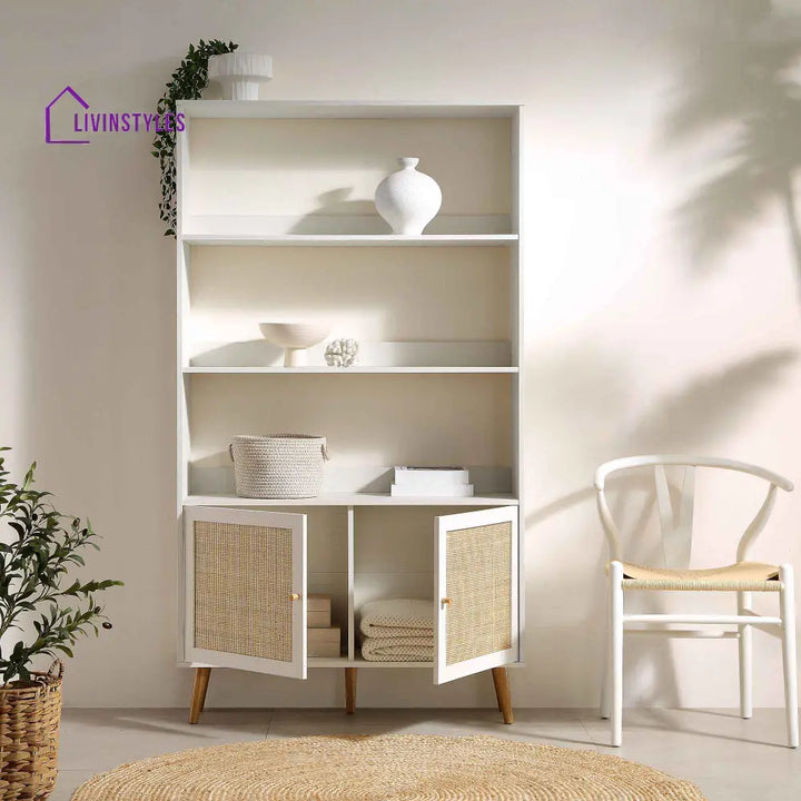 Frances Woven Rattan Bookcase with Doors White Bookcases & Shelves
