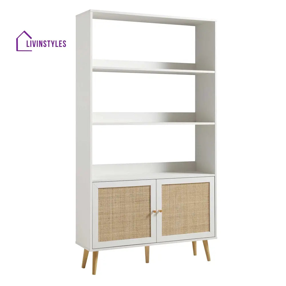 Frances Woven Rattan Bookcase with Doors White Bookcases & Shelves