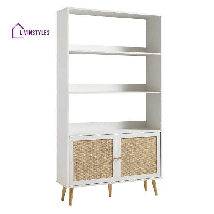 Frances Woven Rattan Bookcase with Doors White Bookcases & Shelves