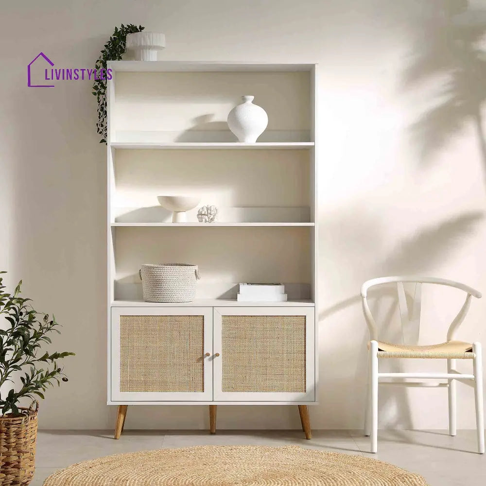 Frances Woven Rattan Bookcase with Doors White Bookcases & Shelves