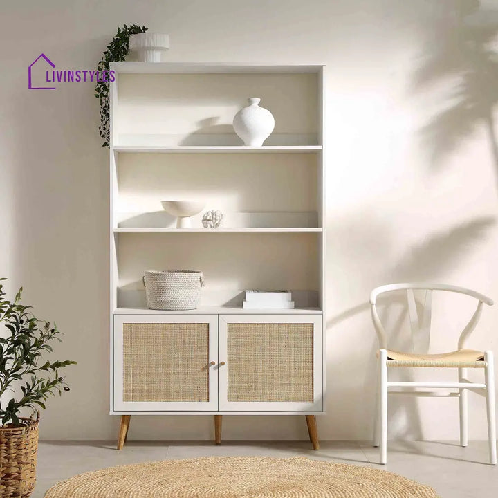 Frances Woven Rattan Bookcase with Doors White Bookcases & Shelves