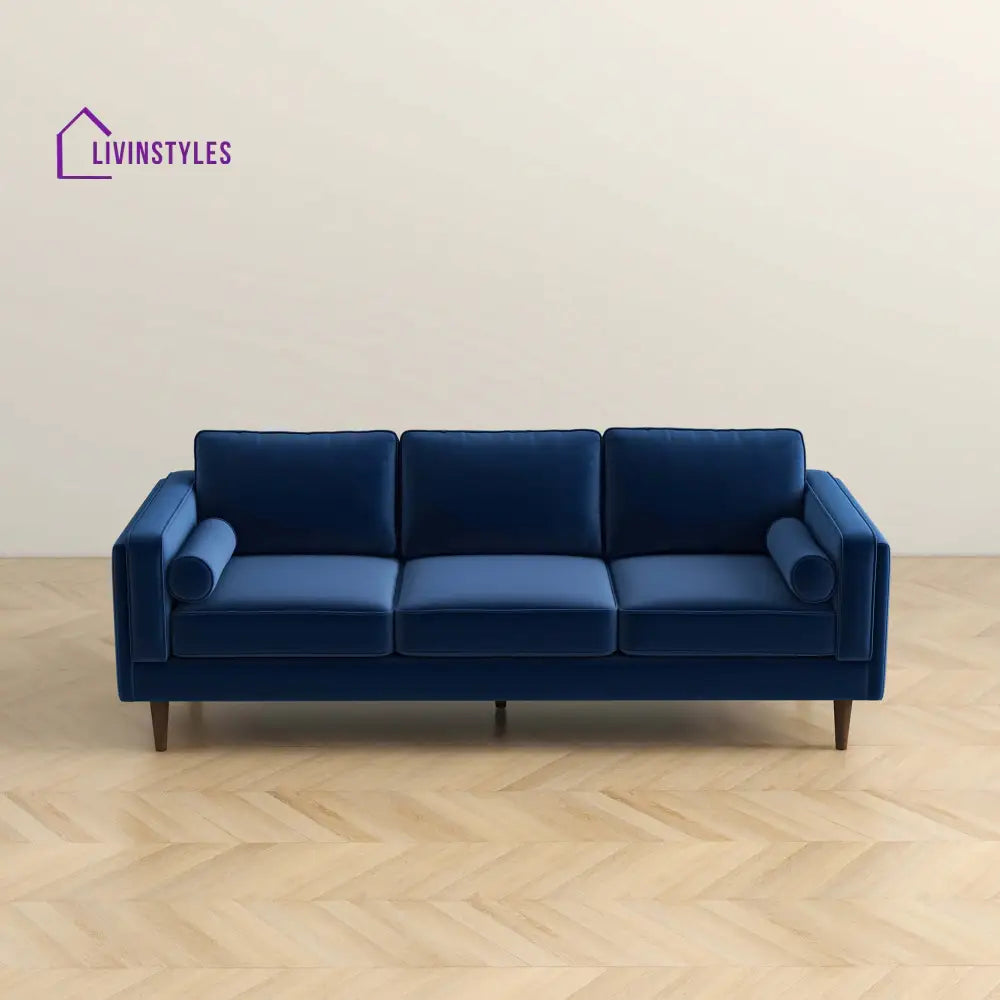 Chhaya Blue Three Seater Velvet Sofa For Living Room