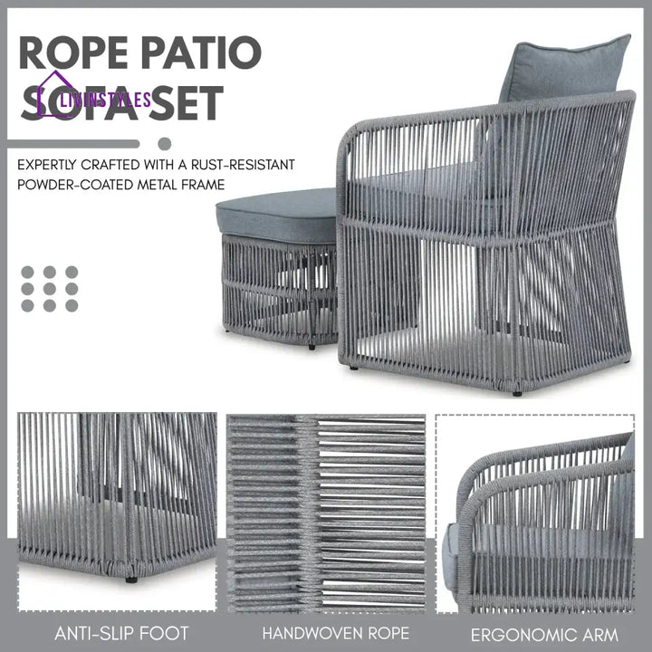 Chhaya Outdoor 3 Piece Rope Patio Sofa Set (Grey) - Patio Sofa Set