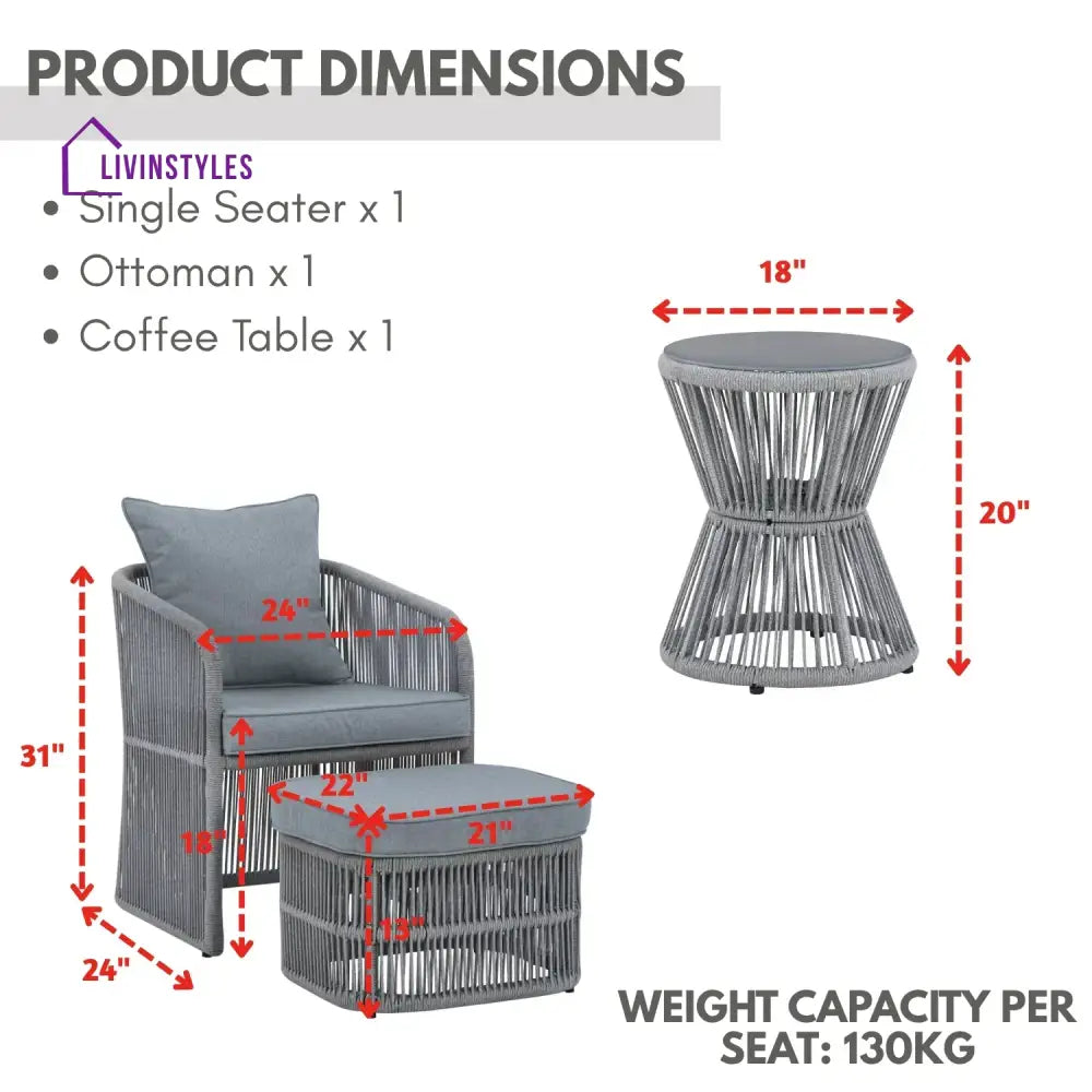 Chhaya Outdoor 3 Piece Rope Patio Sofa Set (Grey) - Patio Sofa Set