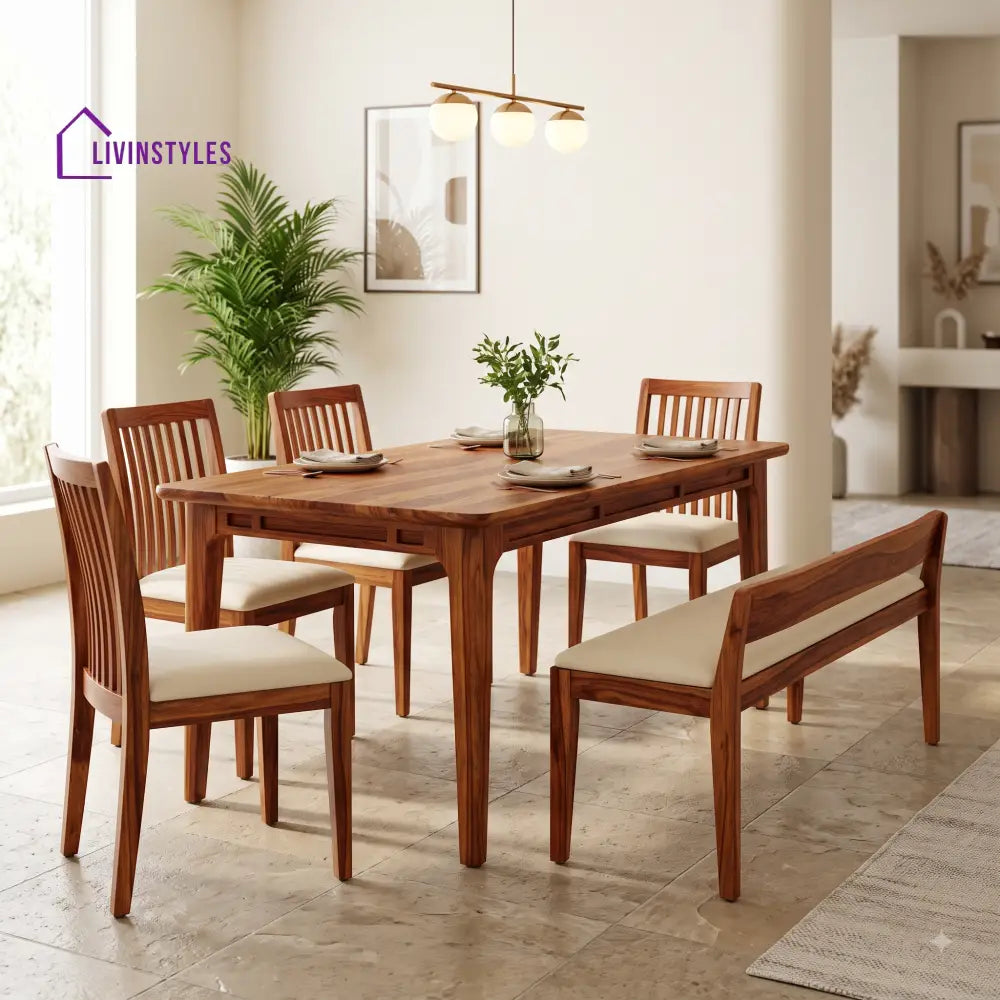 Chiamaka Wooden 6 Seater Dining Table Set | 4 Chairs and 1 Bench | Table 72 X 36 X 30 Inch