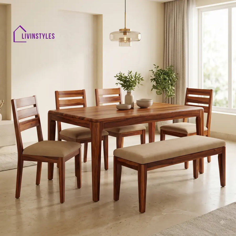 Chidinma Wooden 6 Seater Dining Table Set | 4 Chairs and 1 Bench | Table 72 X 36 X 30 Inch