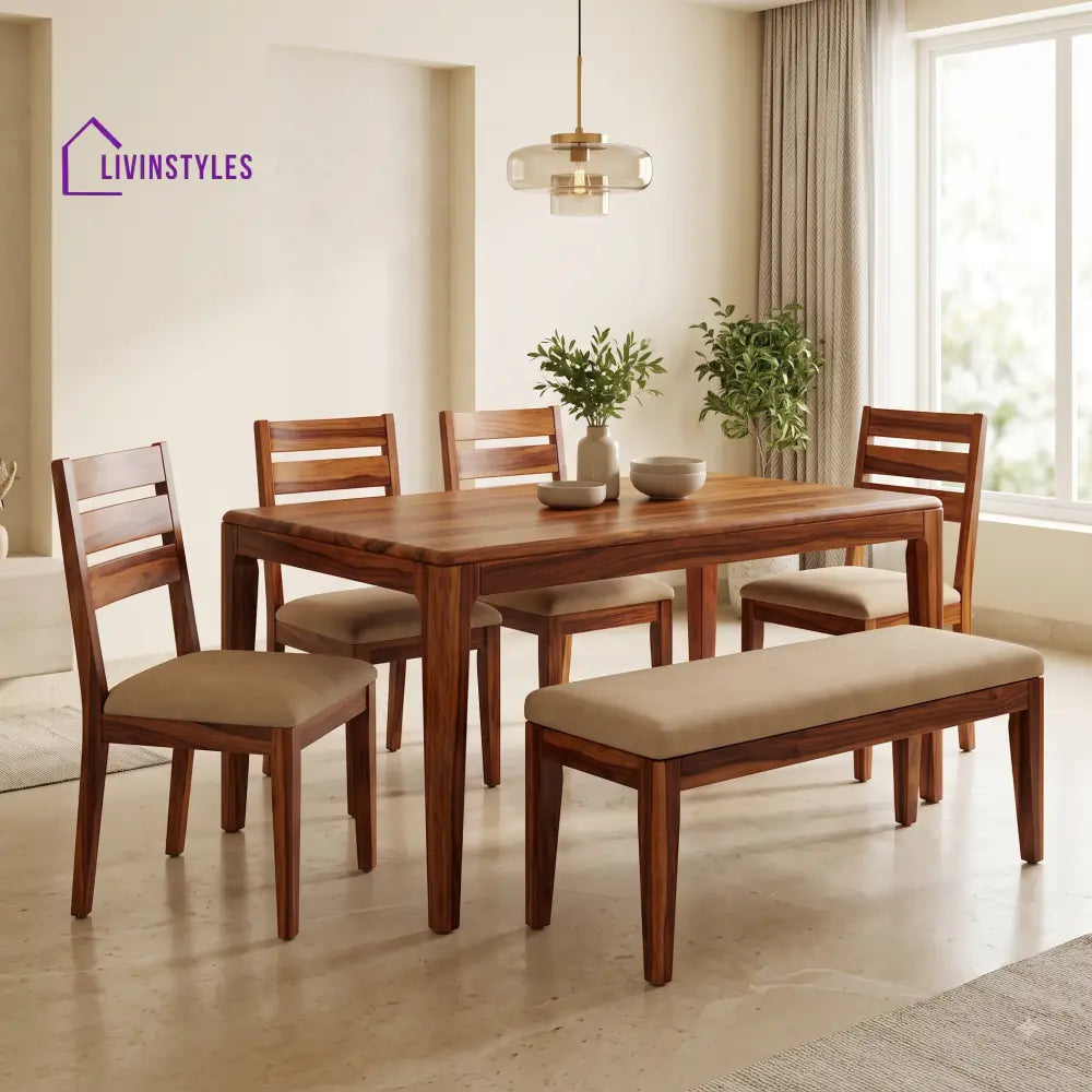 Chidinma Wooden 6 Seater Dining Table Set | 4 Chairs and 1 Bench | Table 72 X 36 X 30 Inch