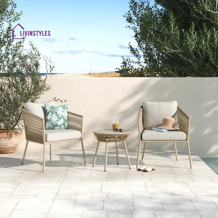 Chimp Outdoor Patio Seating Set 2 Chairs and 1 Table Set (Cream) Braided & Rope - Coffee Table Sets