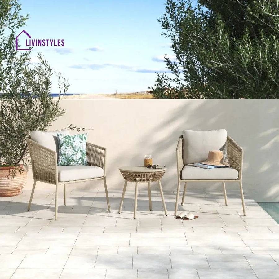 Chimp Outdoor Patio Seating Set 2 Chairs and 1 Table Set (Cream) Braided & Rope - Coffee Table Sets