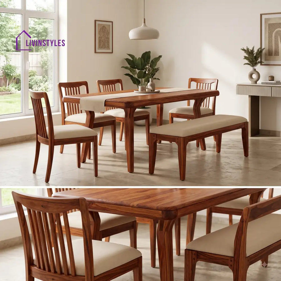 Chinasa Wooden 6 Seater Dining Table Set | 4 Chairs and 1 Bench | Table 72 X 36 X 30 Inch