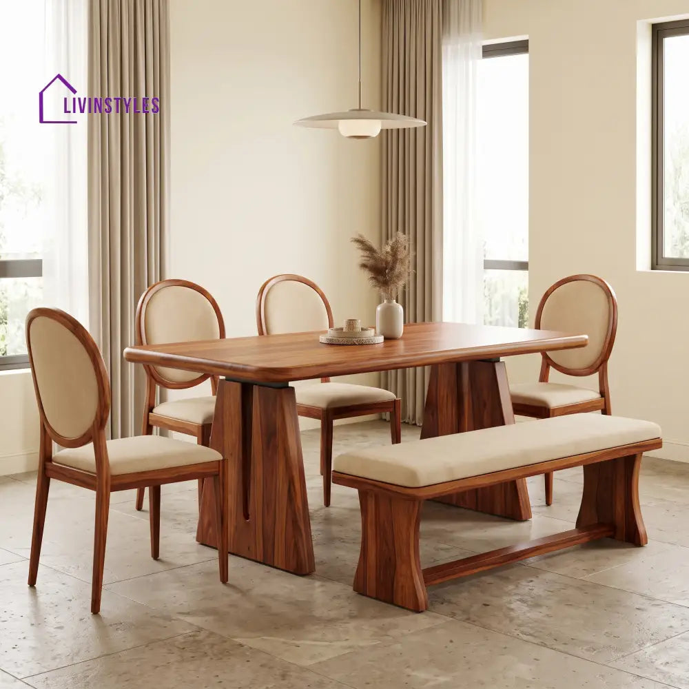 Chinenye Wooden 6 Seater Dining Table Set | 4 Chairs and 1 Bench | Table 72 X 36 X 30 Inch