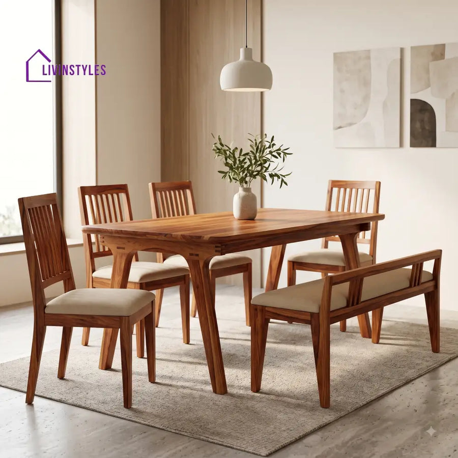 Chinonso Wooden 6 Seater Dining Table Set | 4 Chairs and 1 Bench | Table 72 X 36 X 30 Inch
