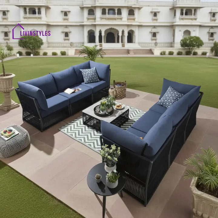 Chiquita Outdoor Sofa Set 6 Seater and 1 Center Table Set (Blue) Braided & Rope - Sofa Sets