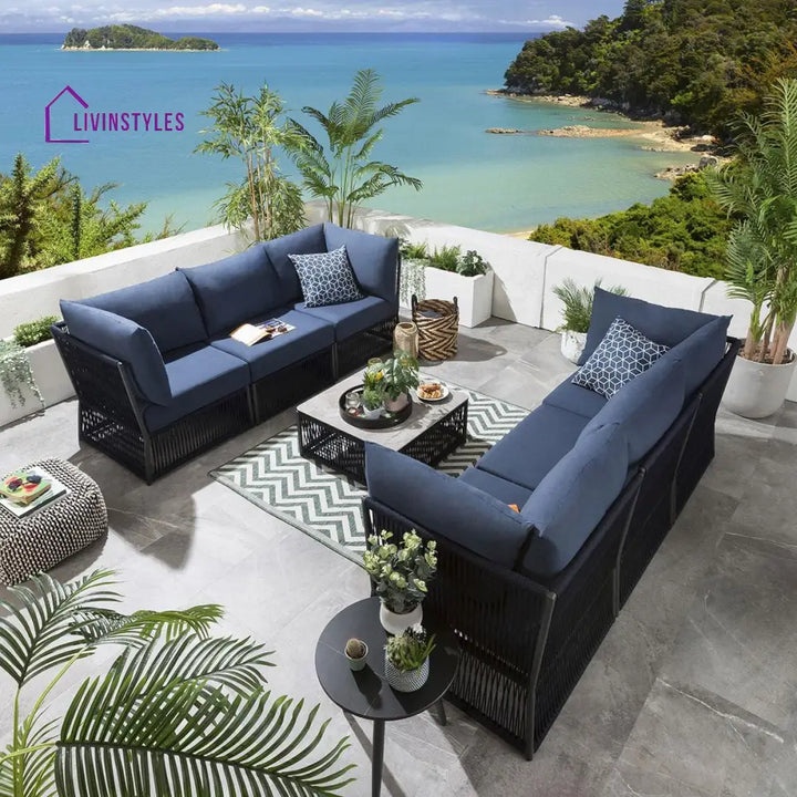 Chiquita Outdoor Sofa Set 6 Seater and 1 Center Table Set (Blue) Braided & Rope - Sofa Sets
