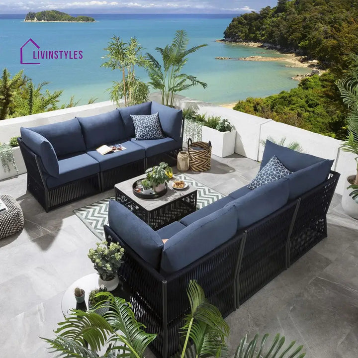 Chiquita Outdoor Sofa Set 6 Seater and 1 Center Table Set (Blue) Braided & Rope - Sofa Sets