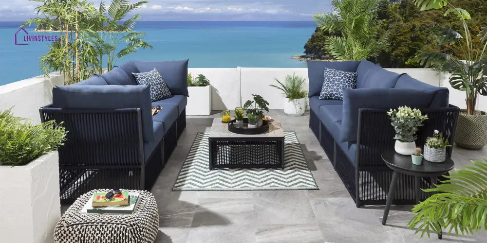Chiquita Outdoor Sofa Set 6 Seater and 1 Center Table Set (Blue) Braided & Rope - Sofa Sets