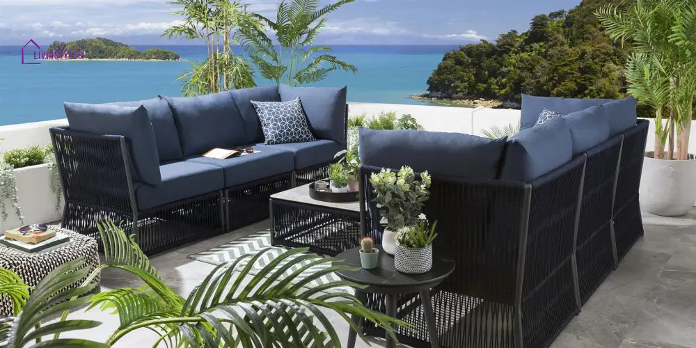 Chiquita Outdoor Sofa Set 6 Seater and 1 Center Table Set (Blue) Braided & Rope - Sofa Sets