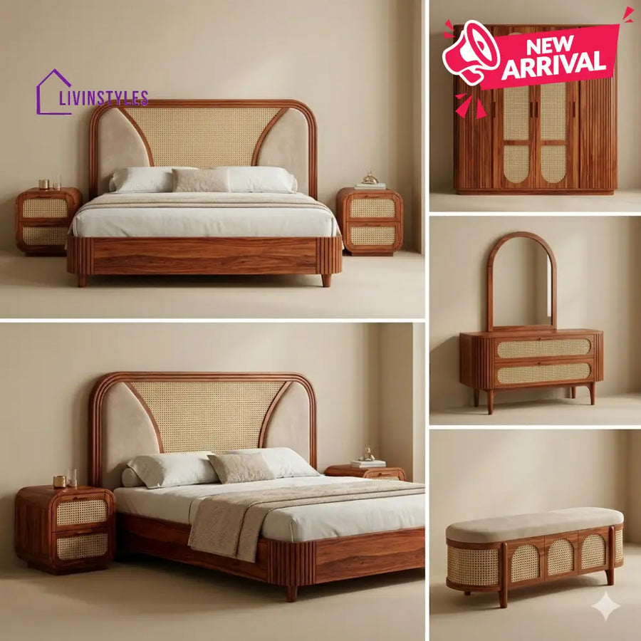 Chirag Solid Sheesham Wood Bedroom Set with Bed Bedside Tables Bench Wardrobe & Dresser