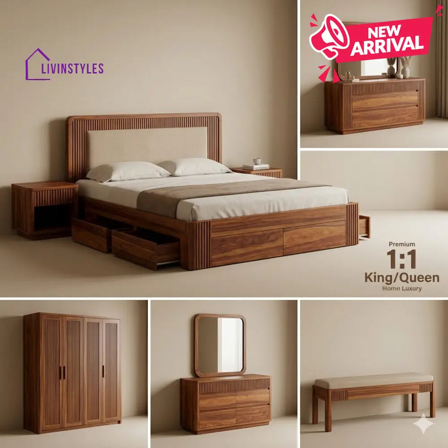 Chirag Solid Sheesham Wood Bedroom Set with Bed Bedside Tables Bench Wardrobe & Dresser