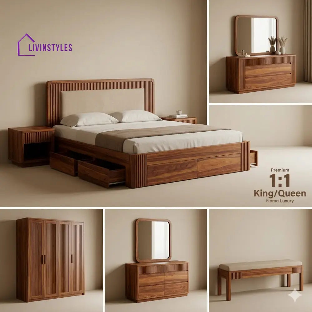 Chirag Solid Sheesham Wood Bedroom Set with Bed Bedside Tables Bench Wardrobe & Dresser