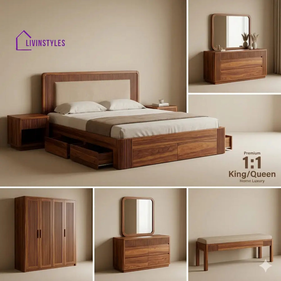 Chirag Solid Sheesham Wood Bedroom Set with Bed Bedside Tables Bench Wardrobe & Dresser