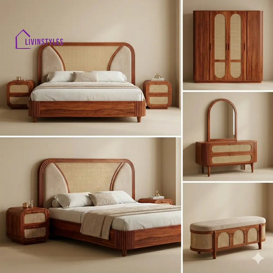 Chirag Solid Sheesham Wood Bedroom Set with Bed Bedside Tables Bench Wardrobe & Dresser