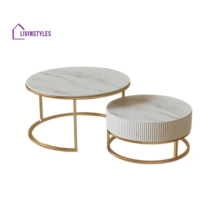 Chirag White Top Ceramic Marble and White MDF Frame with Stainless Steel Frame Coffee Table