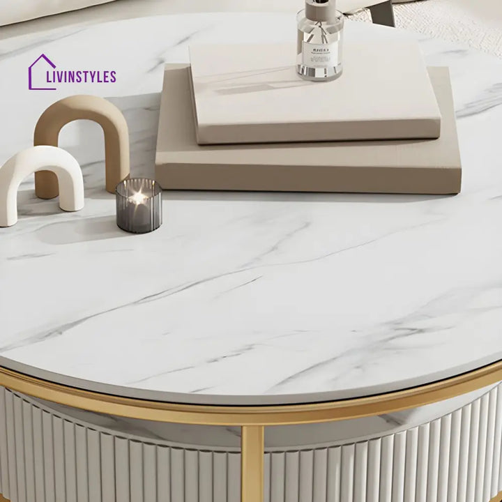 Chirag White Top Ceramic Marble and White MDF Frame with Stainless Steel Frame Coffee Table