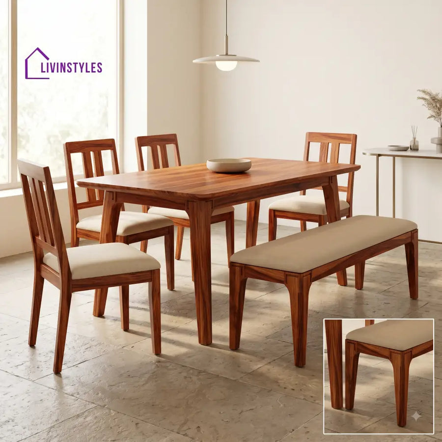 Chisom Wooden 6 Seater Dining Table Set | 4 Chairs and 1 Bench | Table 72 X 36 X 30 Inch