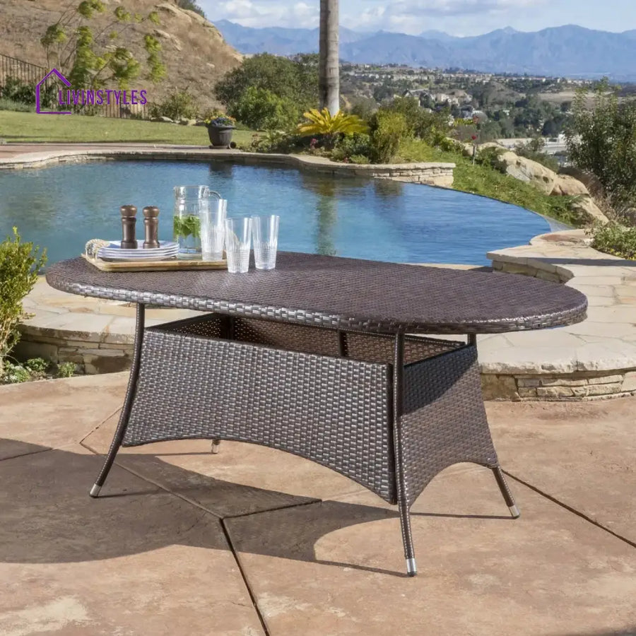 Chitra Outdoor All-Weather Rattan Wicker Round Coffee Table (Dark Brown) - Table