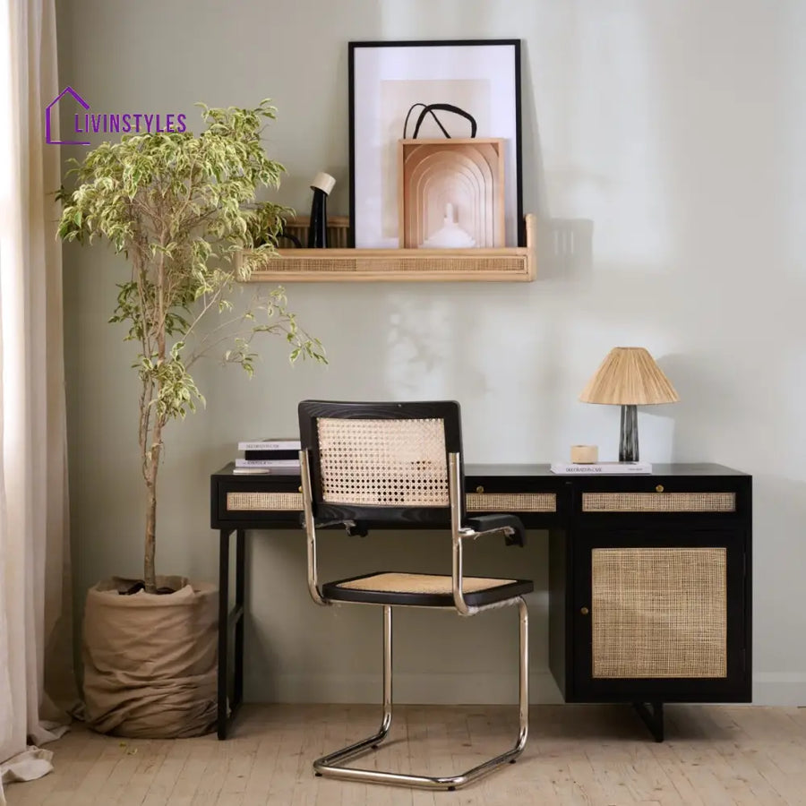 Chitra Teak Wood & Rattan Iron Study Table Teak Wood / Black