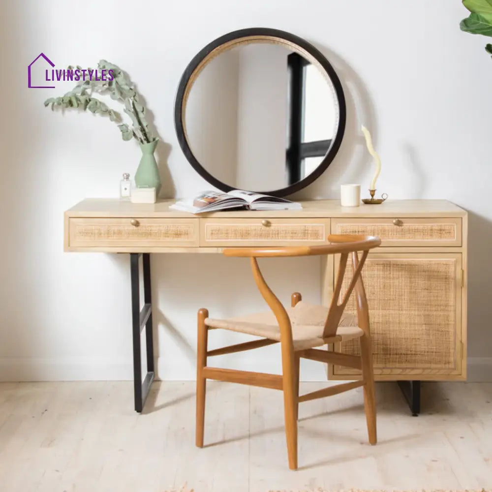 Chitra Teak Wood & Rattan Iron Study Table Teak Wood / Natural
