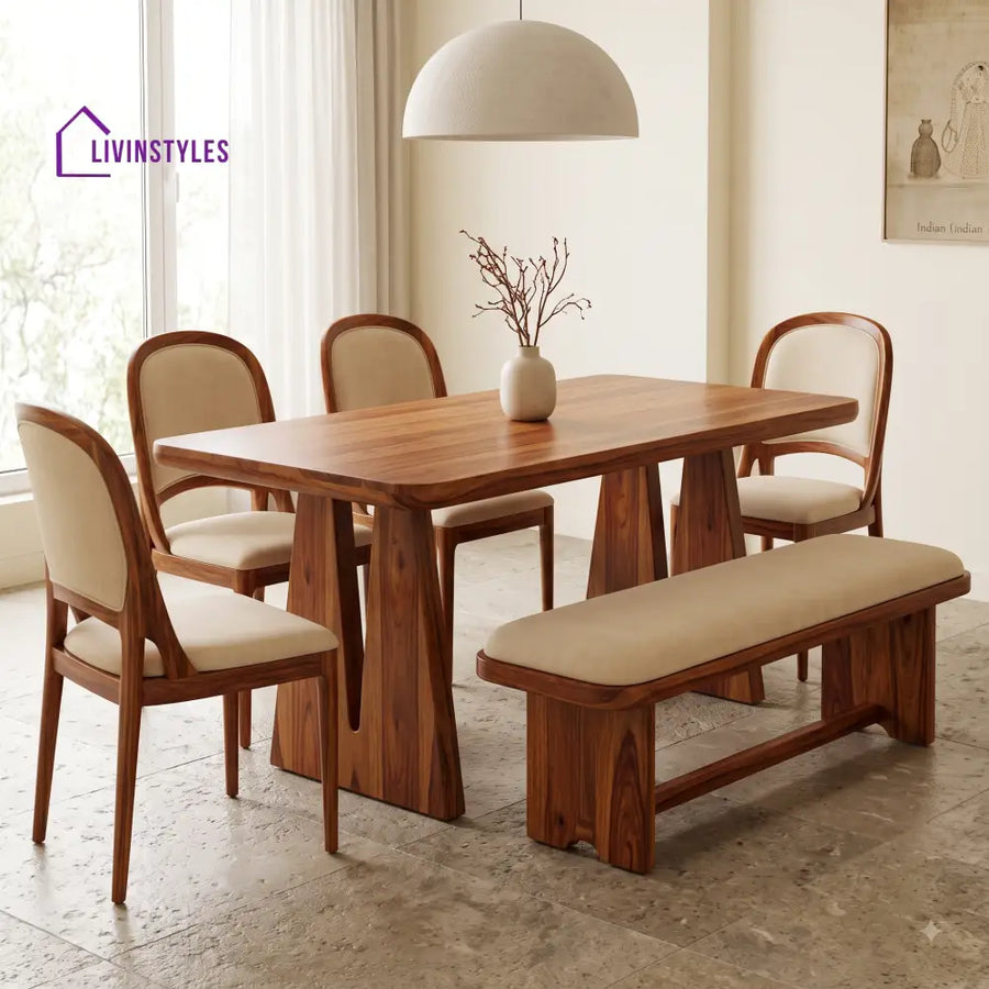 Chizaram Wooden 6 Seater Dining Table Set | 4 Chairs and 1 Bench | Table 72 X 36 X 30 Inch