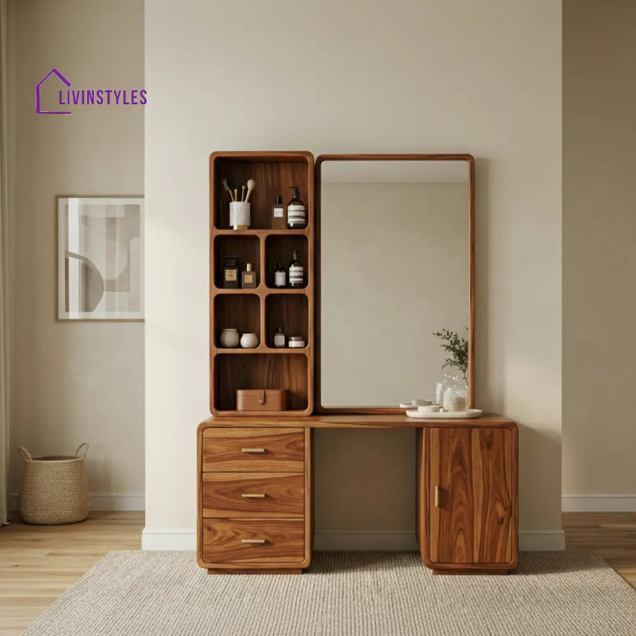 Chloe Sheesham Wood Dressing Table with Mirror and Storage (Honey Finish)