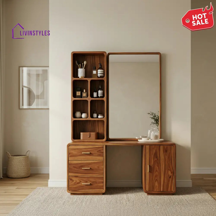 Chloe Sheesham Wood Dressing Table with Mirror and Storage (Honey Finish)